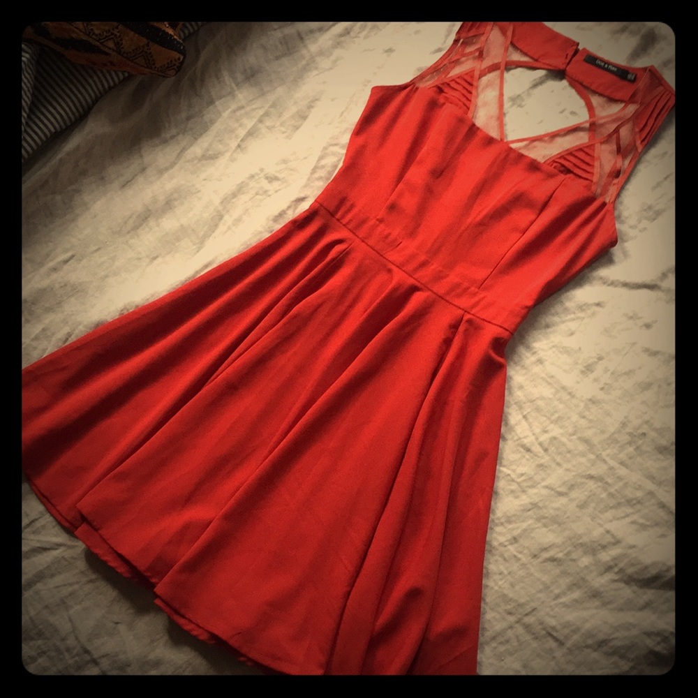 Burnt Orange Swing Dress with Sheer Lace Detail